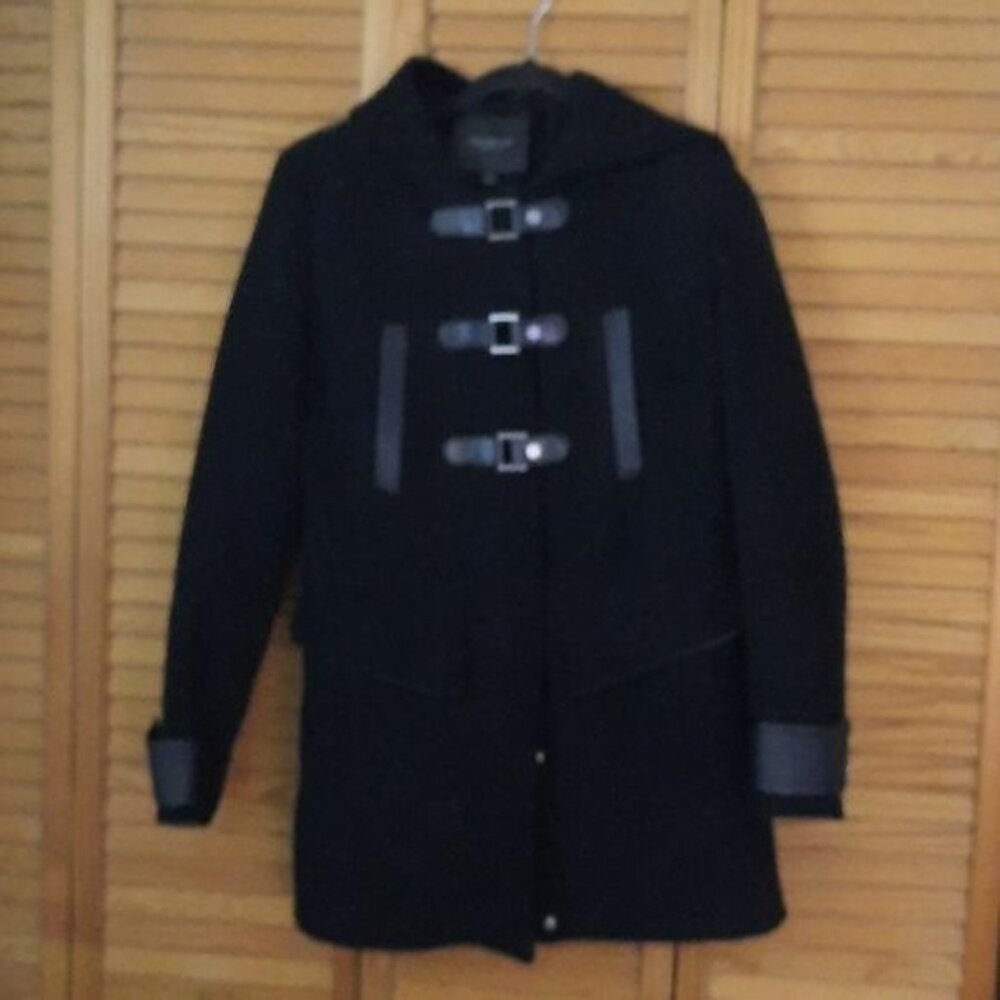 Marc New York Andrew Marc Black Wool Blend Hood Zip Snap Closure Peacoat Size 2